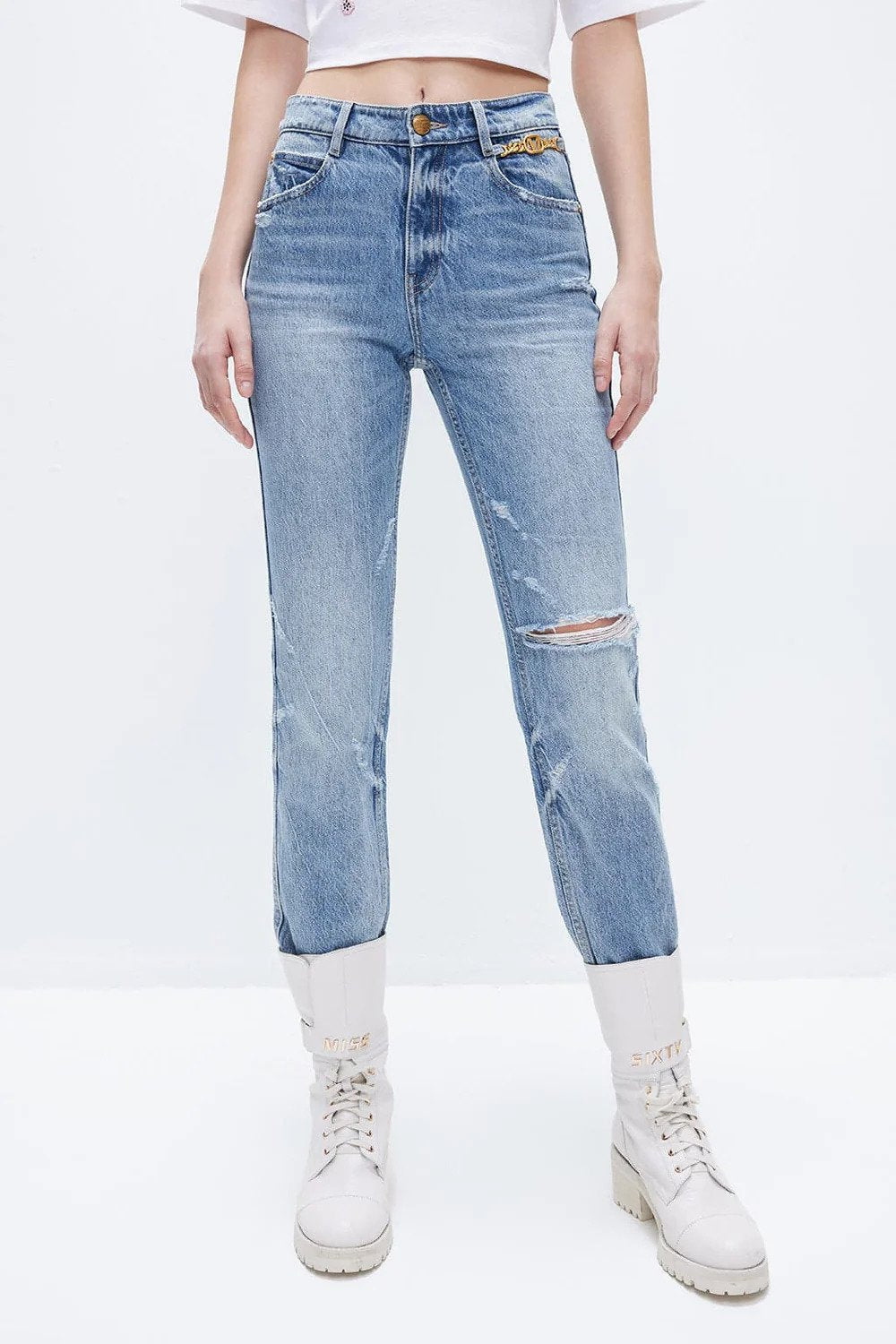 Vintage metallkjede-rippede hamp-jeans